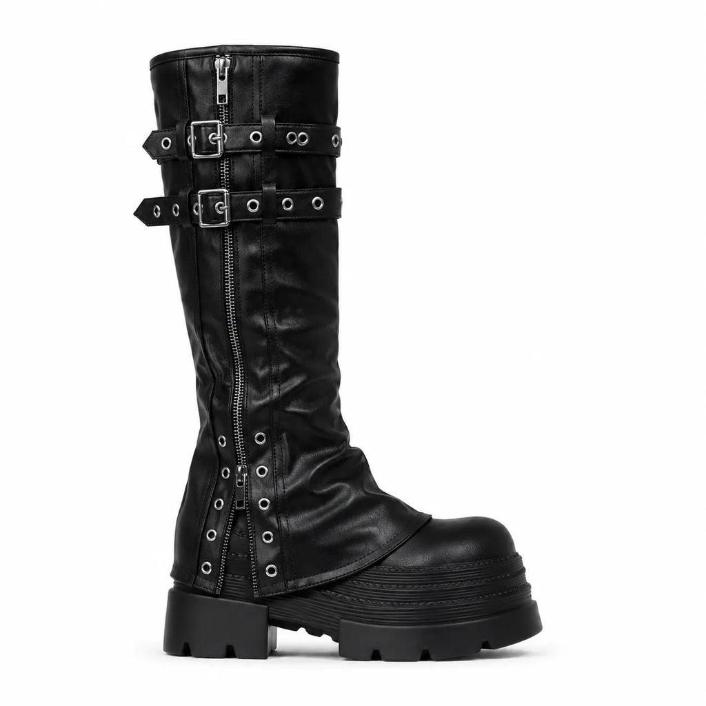 Deep Black Nerja Leather Knee-High Boots side view
