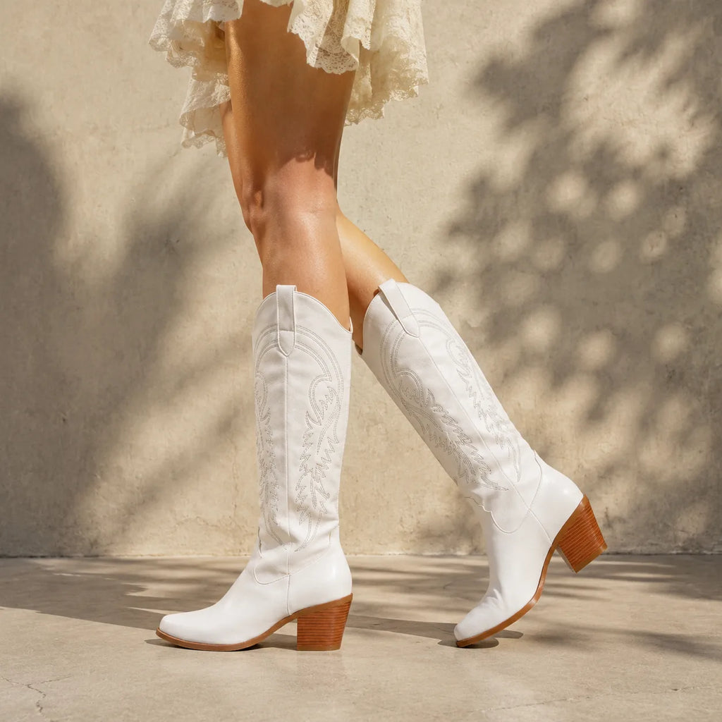 Cream Ivory Gozo Block-Heel Boots on-foot view