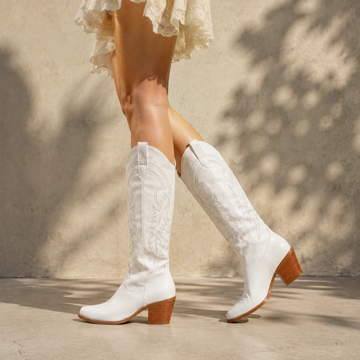 Cream Ivory Gozo Block-Heel Boots on-foot view