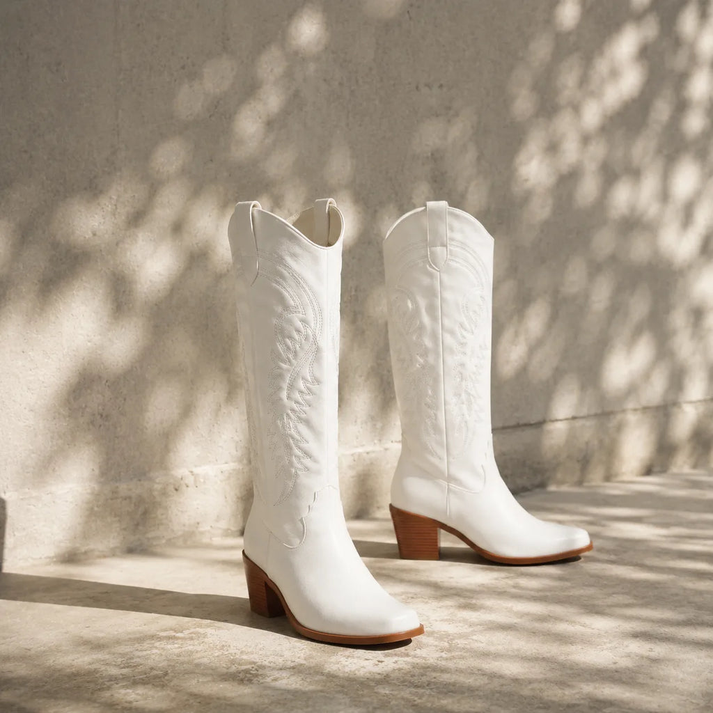 Cream Ivory Gozo Block-Heel Boots styled scene