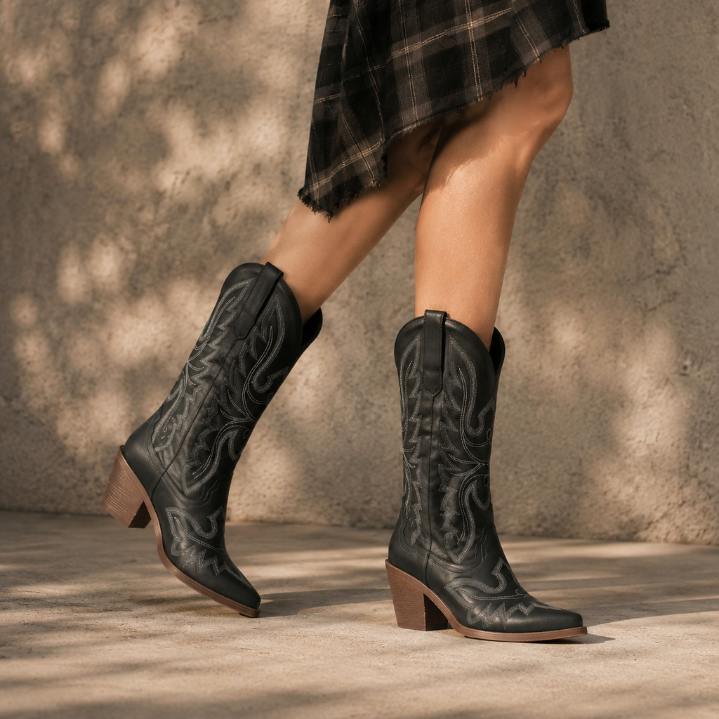 Deep Black Nerano Boots on-foot view