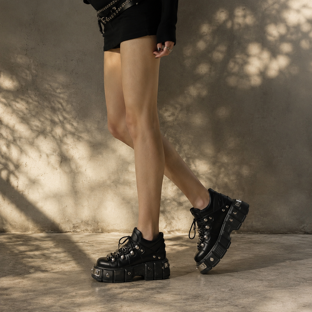 Deep Black Chianti Leather Platform Boots on-foot view