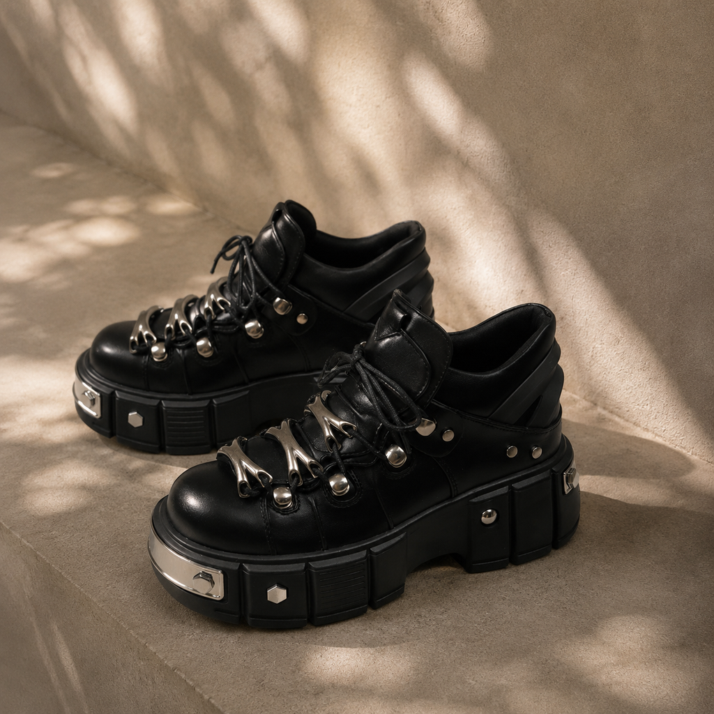 Deep Black Chianti Leather Platform Boots styled scene