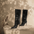 Deep Black Tellaro Sheepskin Stiletto Boots styled scene