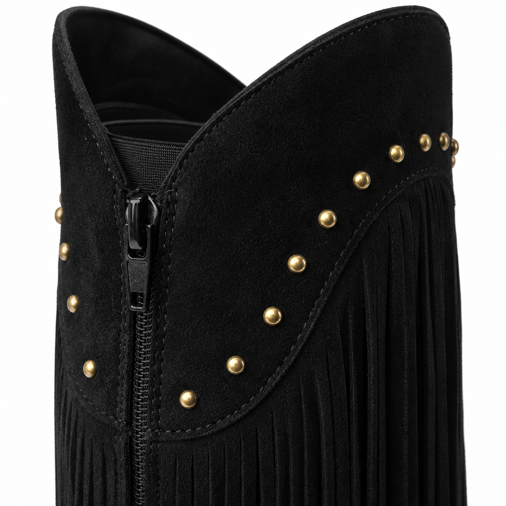 Black Suede Patmos Sheepskin Block-Heel Boots close-up detail