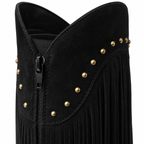Black Suede Patmos Sheepskin Block-Heel Boots close-up detail