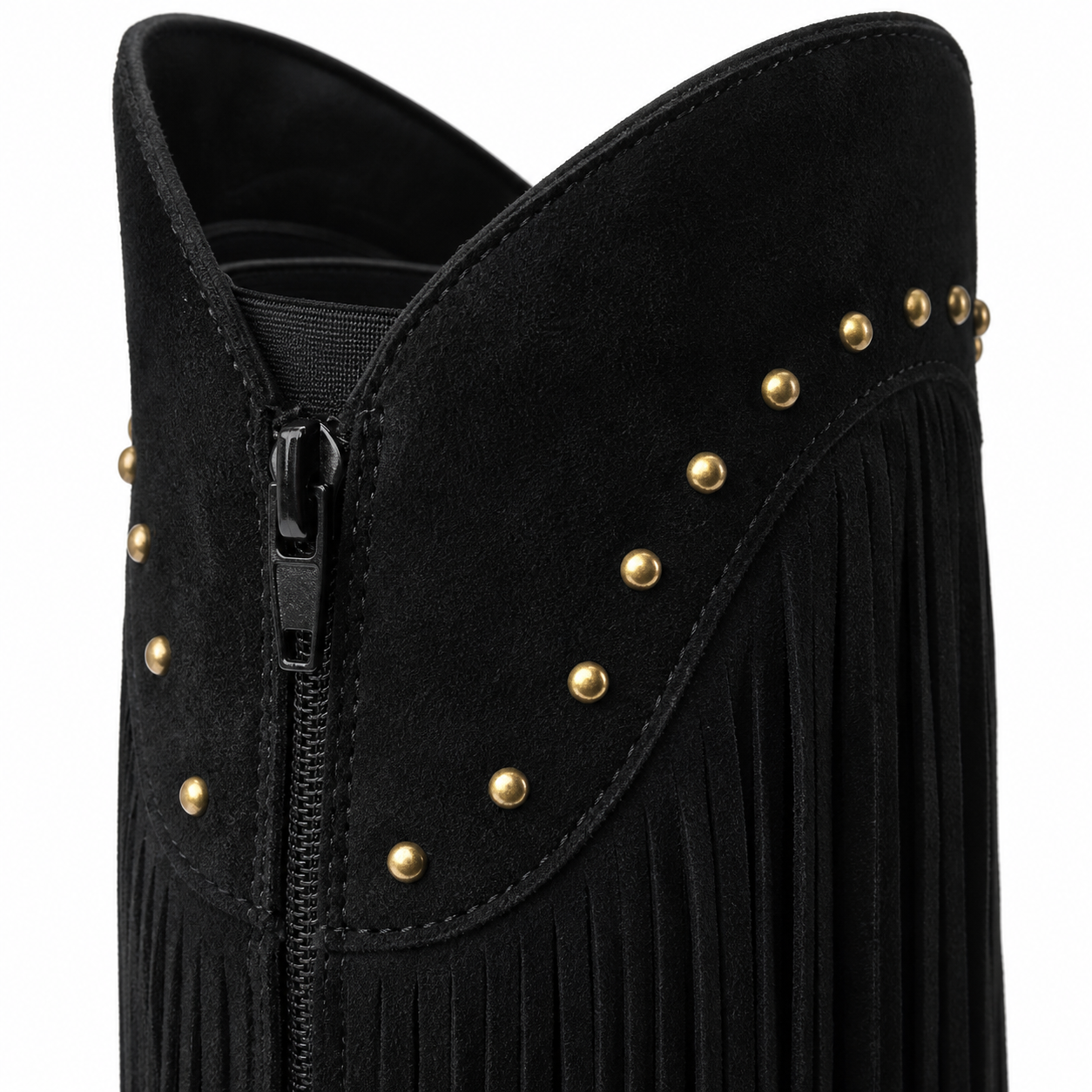 Black Suede Patmos Sheepskin Block-Heel Boots close-up detail
