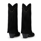 Black Suede Patmos Sheepskin Block-Heel Boots heel detail