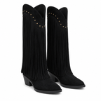 Black Suede Patmos Sheepskin Block-Heel Boots