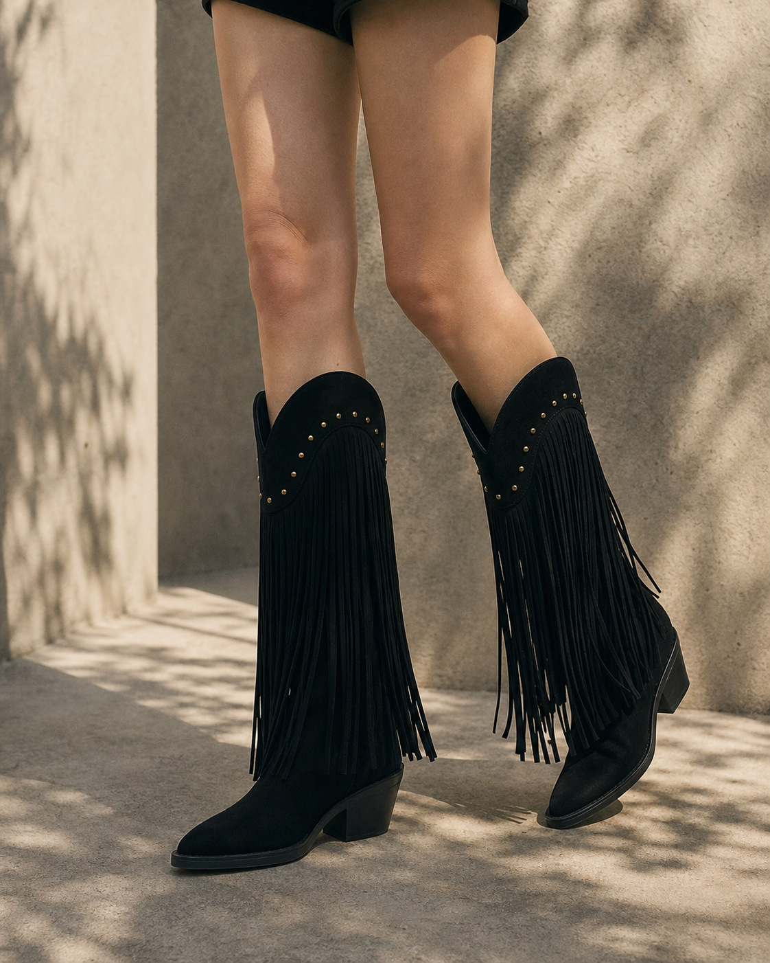 Black Suede Patmos Sheepskin Block-Heel Boots on-foot view