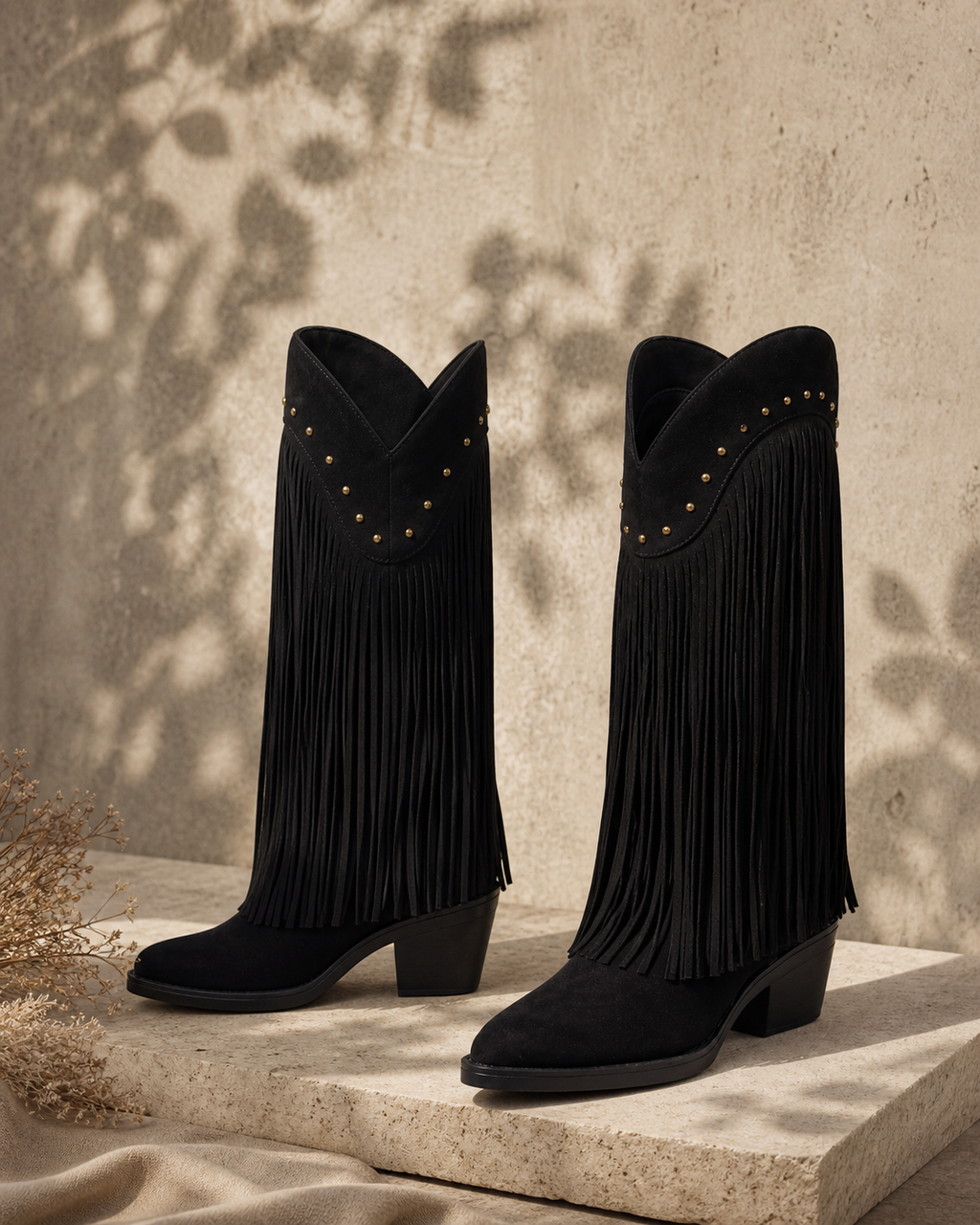 Black Suede Patmos Sheepskin Block-Heel Boots styled scene
