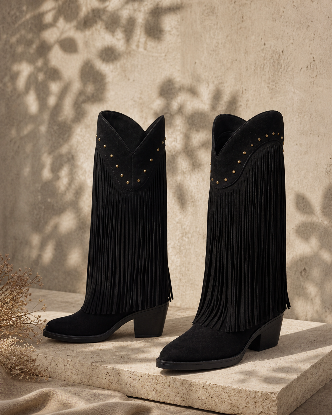 Black Suede Patmos Sheepskin Block-Heel Boots styled scene