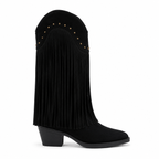 Black Suede Patmos Sheepskin Block-Heel Boots side view