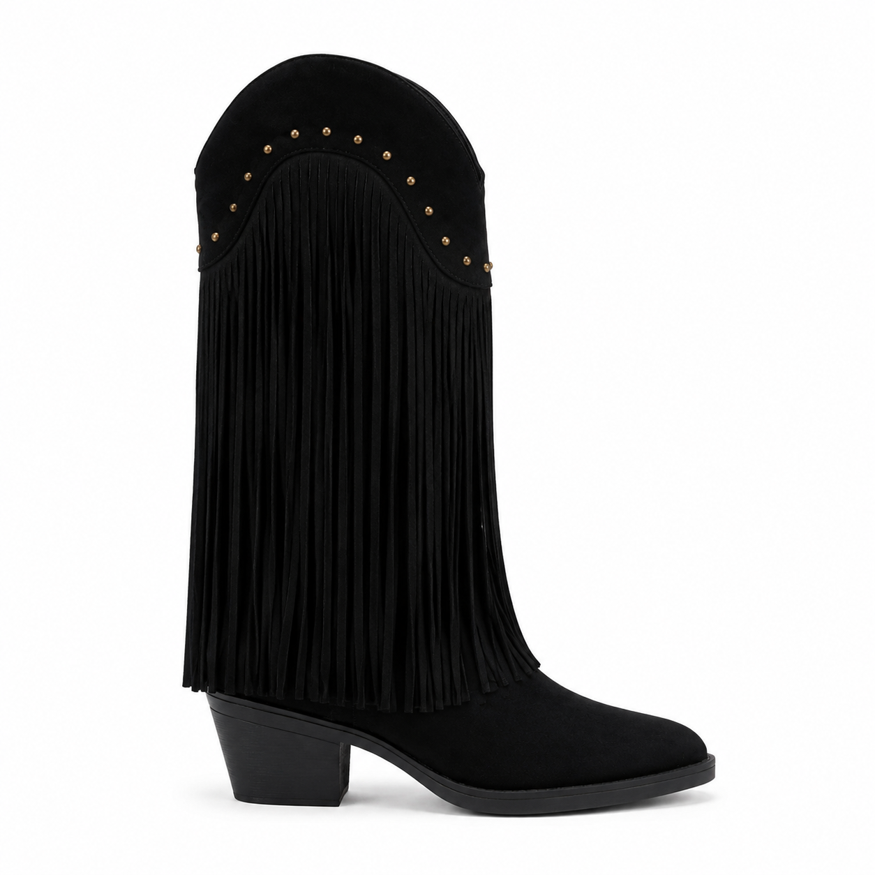 Black Suede Patmos Sheepskin Block-Heel Boots side view