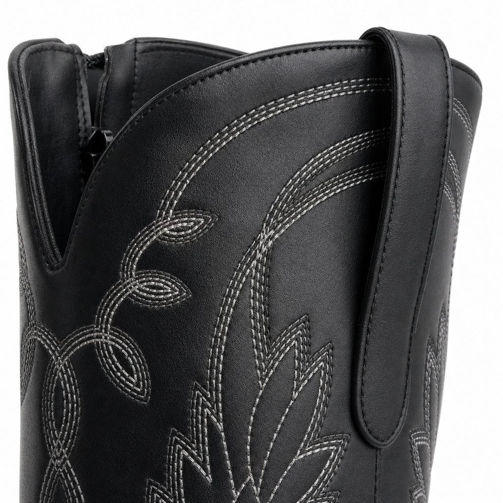 Deep Black Paxos Embroidered Leather Boots close-up detail