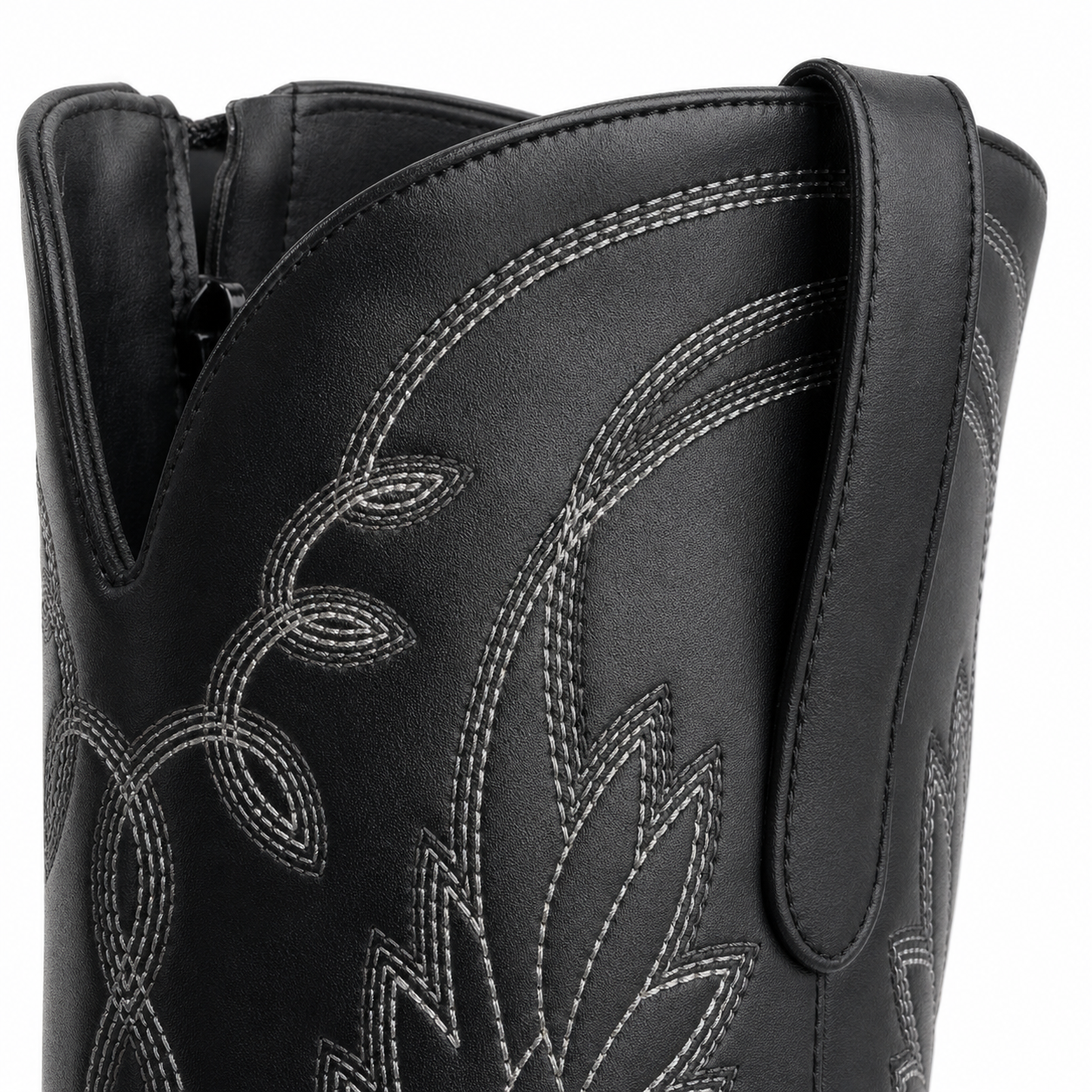 Deep Black Paxos Embroidered Leather Boots close-up detail