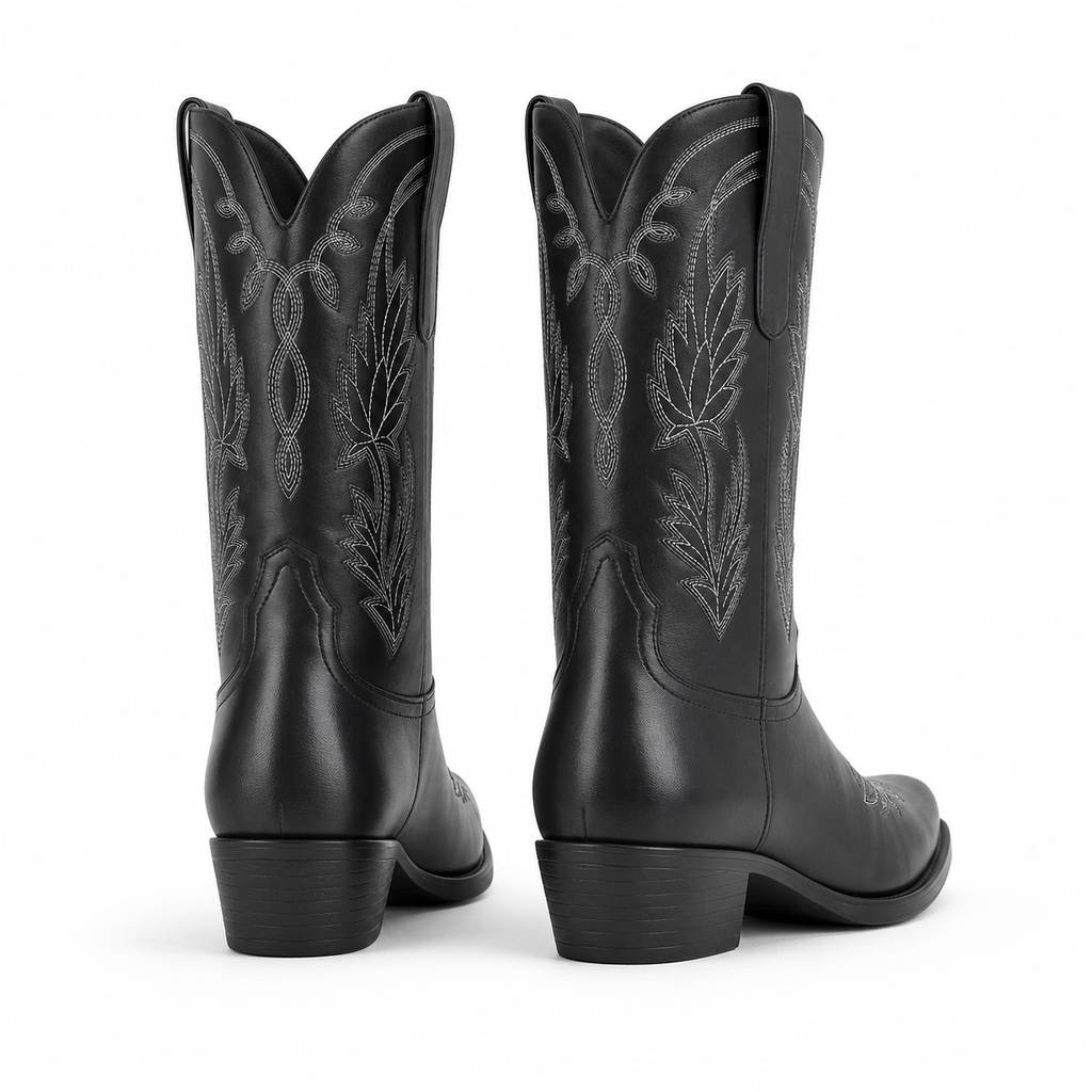 Deep Black Paxos Embroidered Leather Boots heel detail