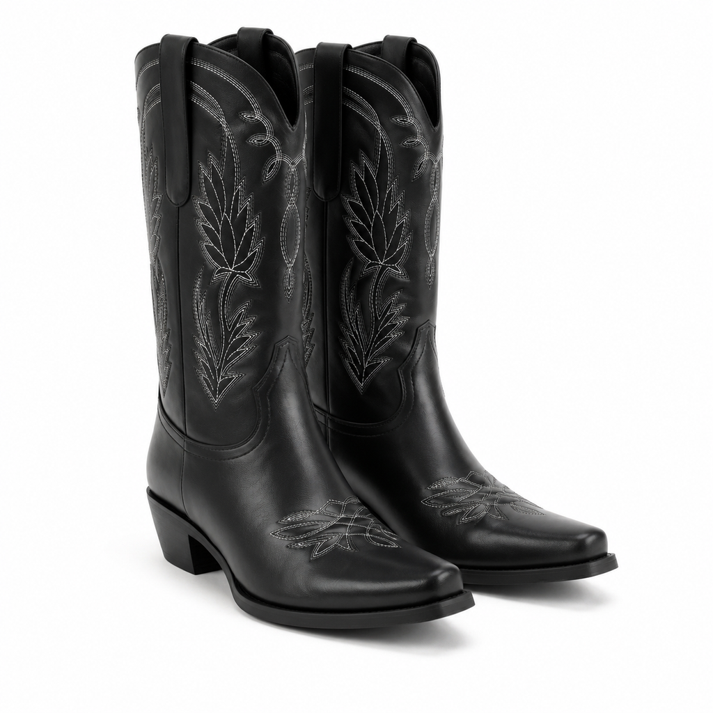 Deep Black Paxos Embroidered Leather Boots