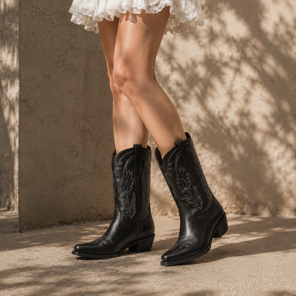 Deep Black Paxos Embroidered Leather Boots on-foot view