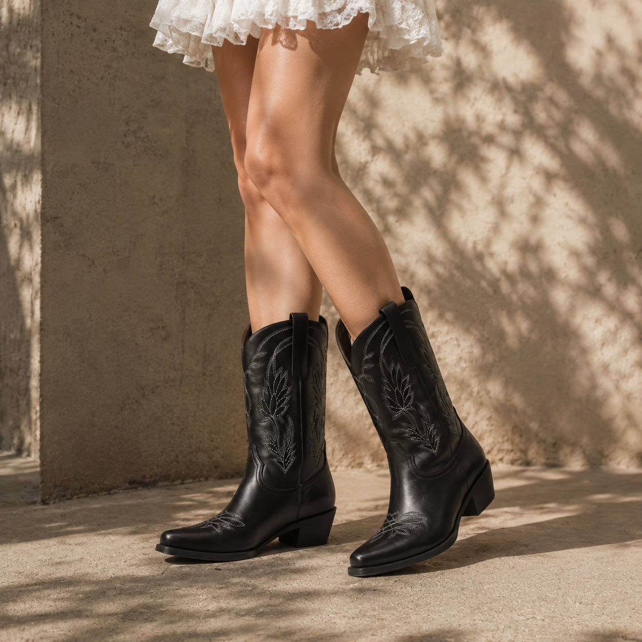 Deep Black Paxos Embroidered Leather Boots on-foot view