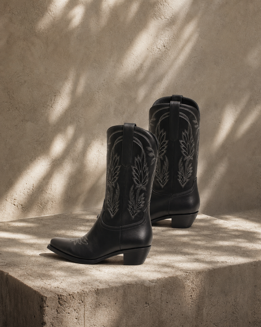 Deep Black Paxos Embroidered Leather Boots styled scene
