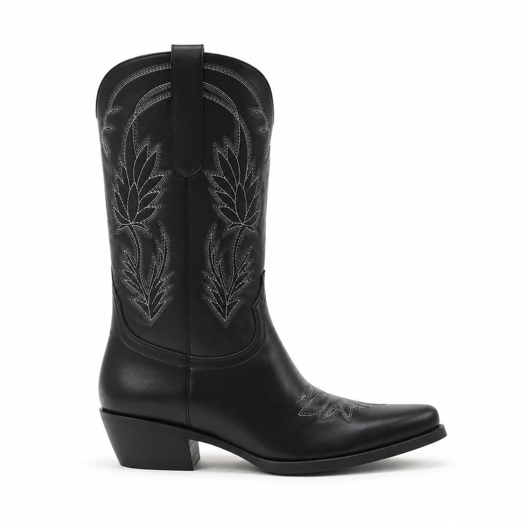 Deep Black Paxos Embroidered Leather Boots side view
