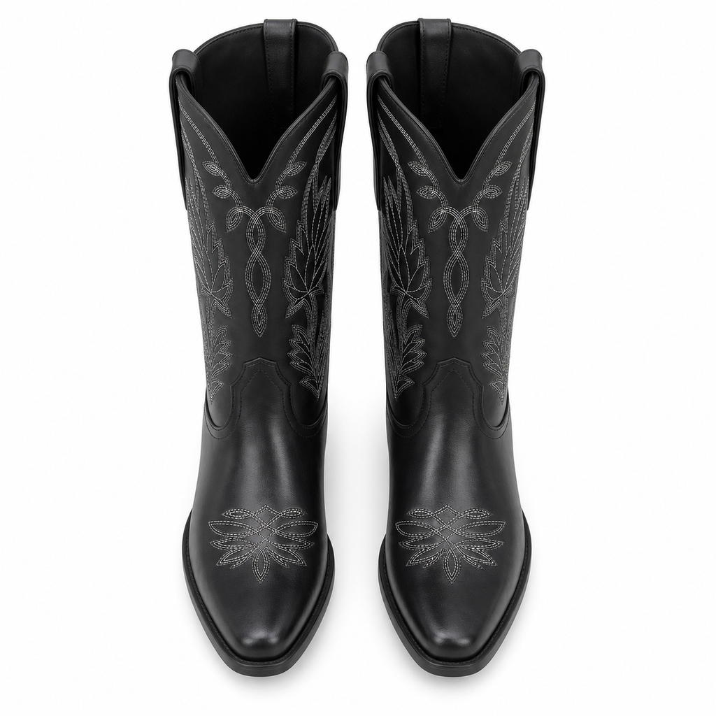 Deep Black Paxos Embroidered Leather Boots top view
