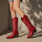 Deep Red Symi Sheepskin Block-Heel Boots on-foot view