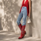 Deep Red Symi Sheepskin Block-Heel Boots lifestyle scene