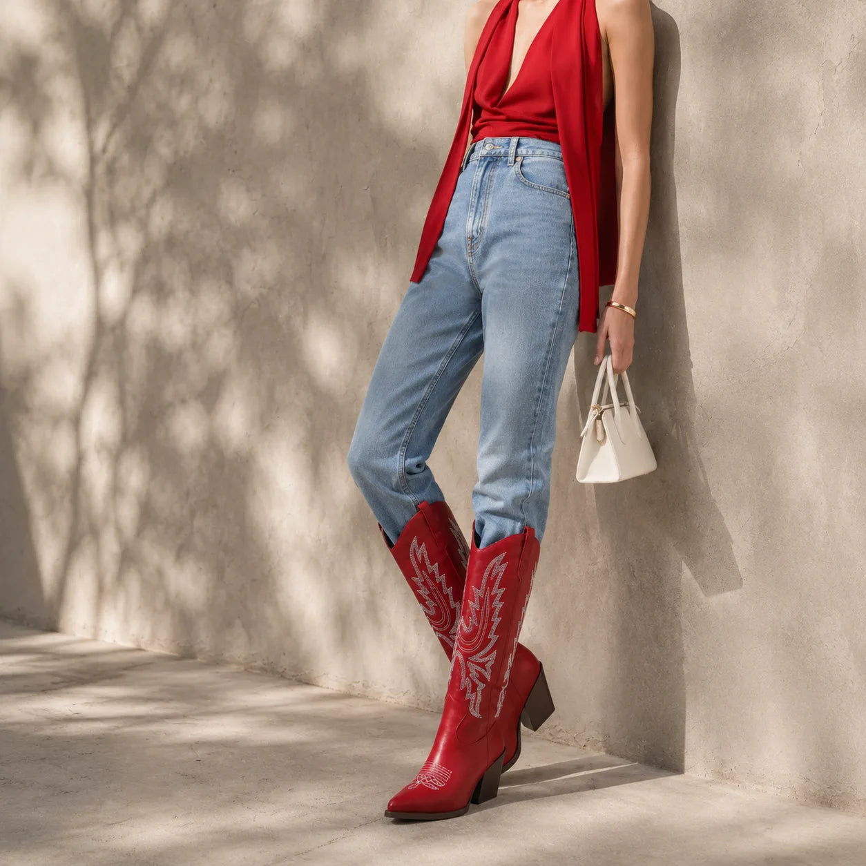 Deep Red Symi Sheepskin Block-Heel Boots lifestyle scene