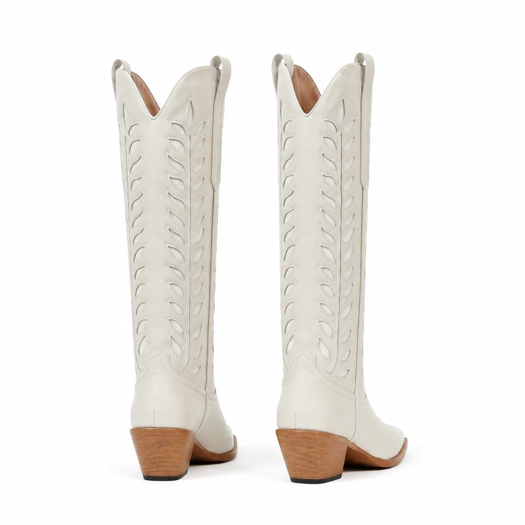 Cream Ivory Elounda Embroidered Leather Boots heel detail