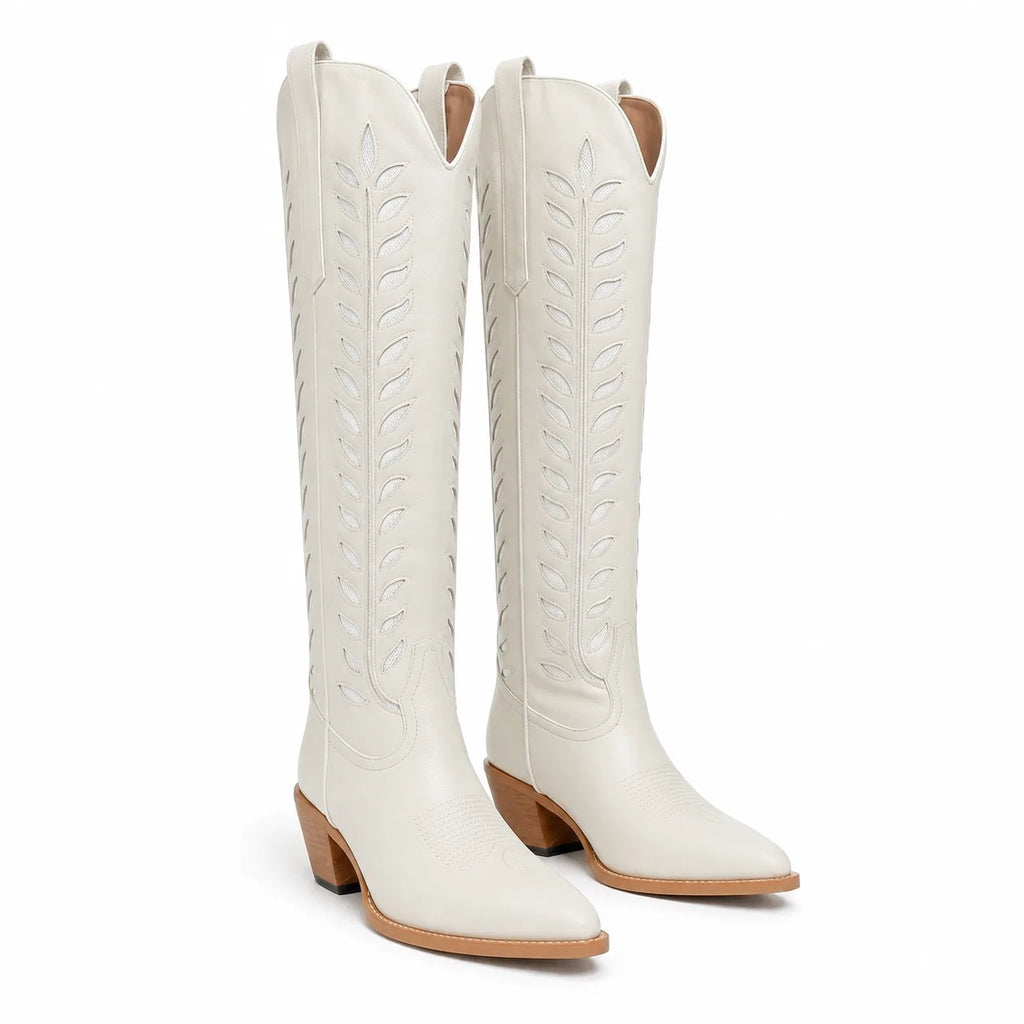 Cream Ivory Elounda Embroidered Leather Boots