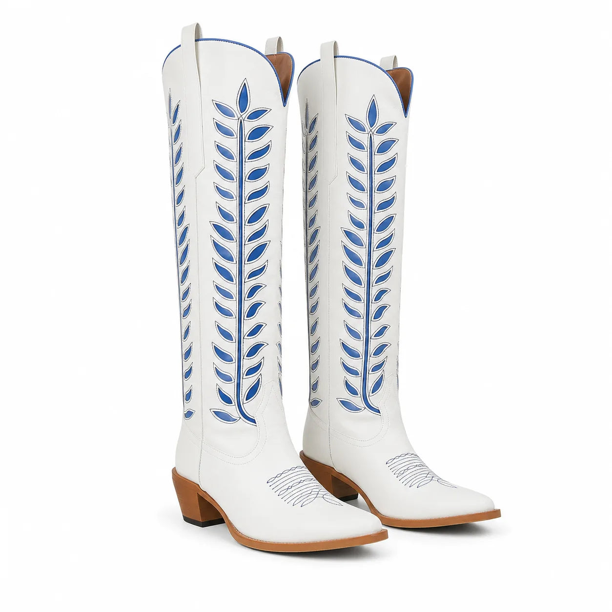 Porcelain Blue Elounda Embroidered Leather Boots