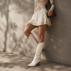 Cream Ivory Elounda Embroidered Leather Boots lifestyle scene