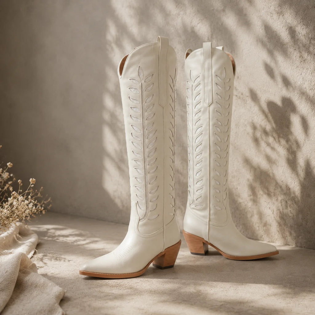 Cream Ivory Elounda Embroidered Leather Boots styled scene