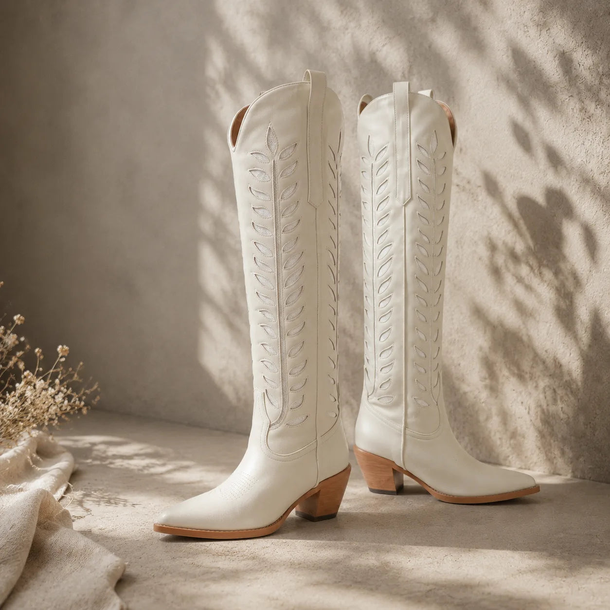 Cream Ivory Elounda Embroidered Leather Boots styled scene
