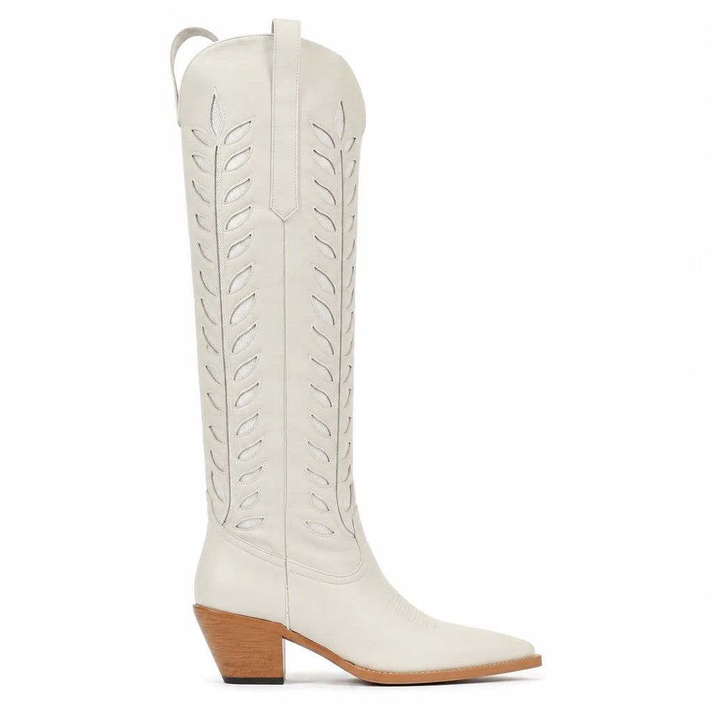 Cream Ivory Elounda Embroidered Leather Boots side view