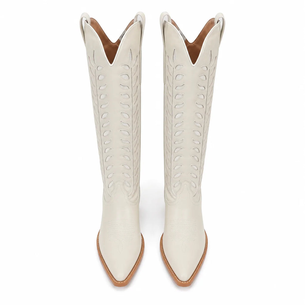 Cream Ivory Elounda Embroidered Leather Boots top view