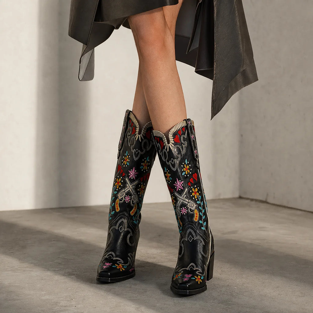 Deep Black Leros Microfiber Knee-High Boots on-foot view