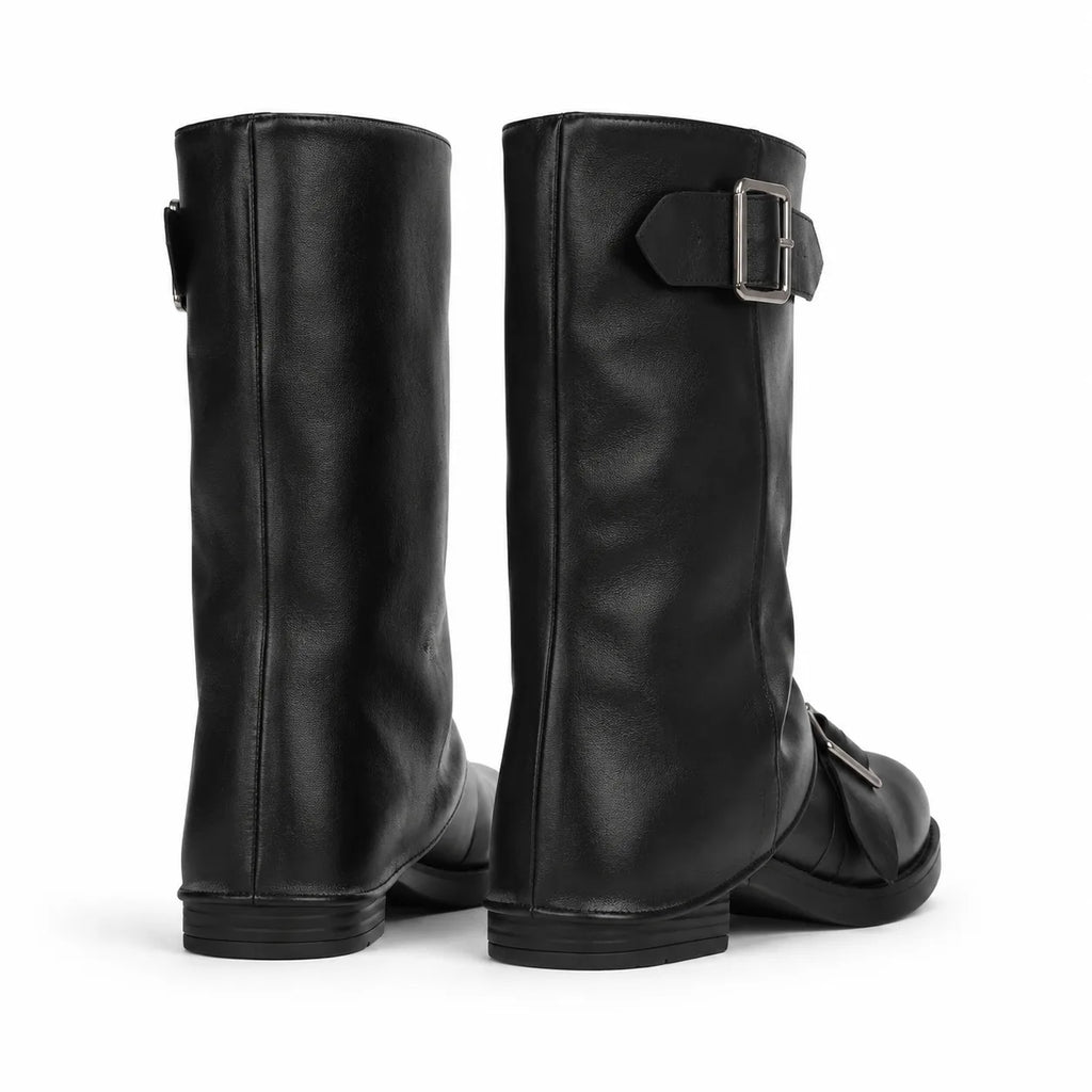 Deep Black Naousa Buckle Block-Heel Boots heel detail