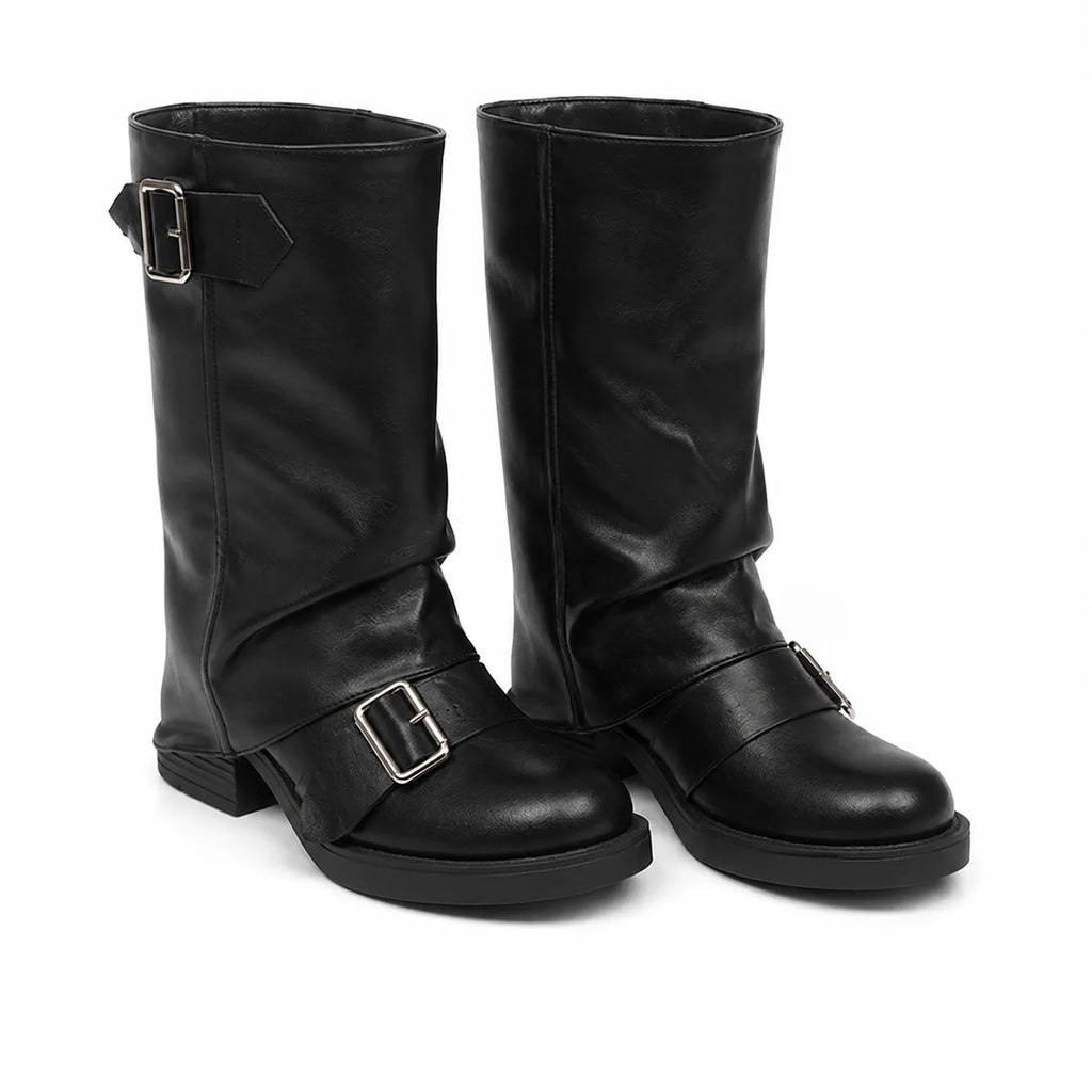 Deep Black Naousa Buckle Block-Heel Boots