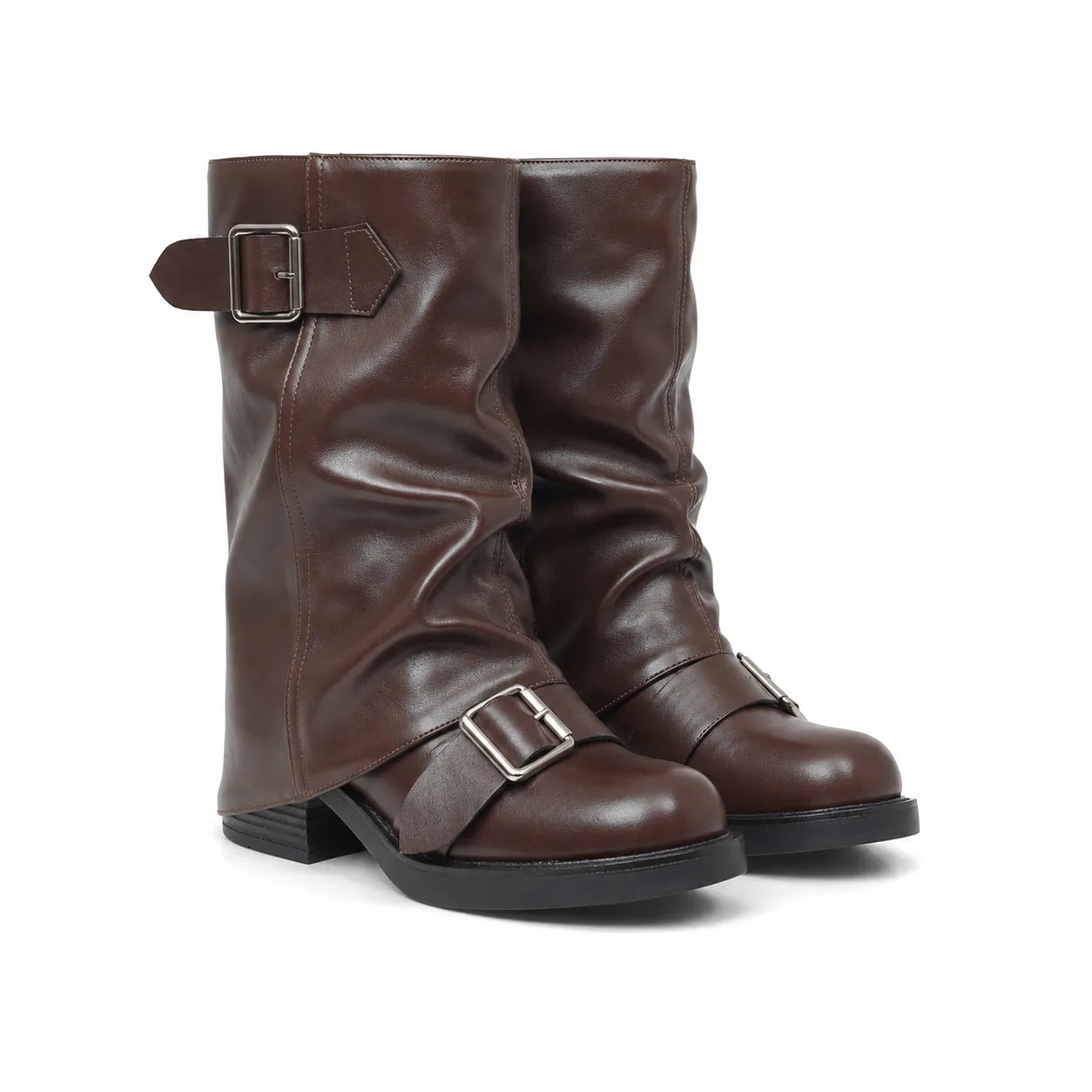 Rich Brown Naousa Buckle Block-Heel Boots