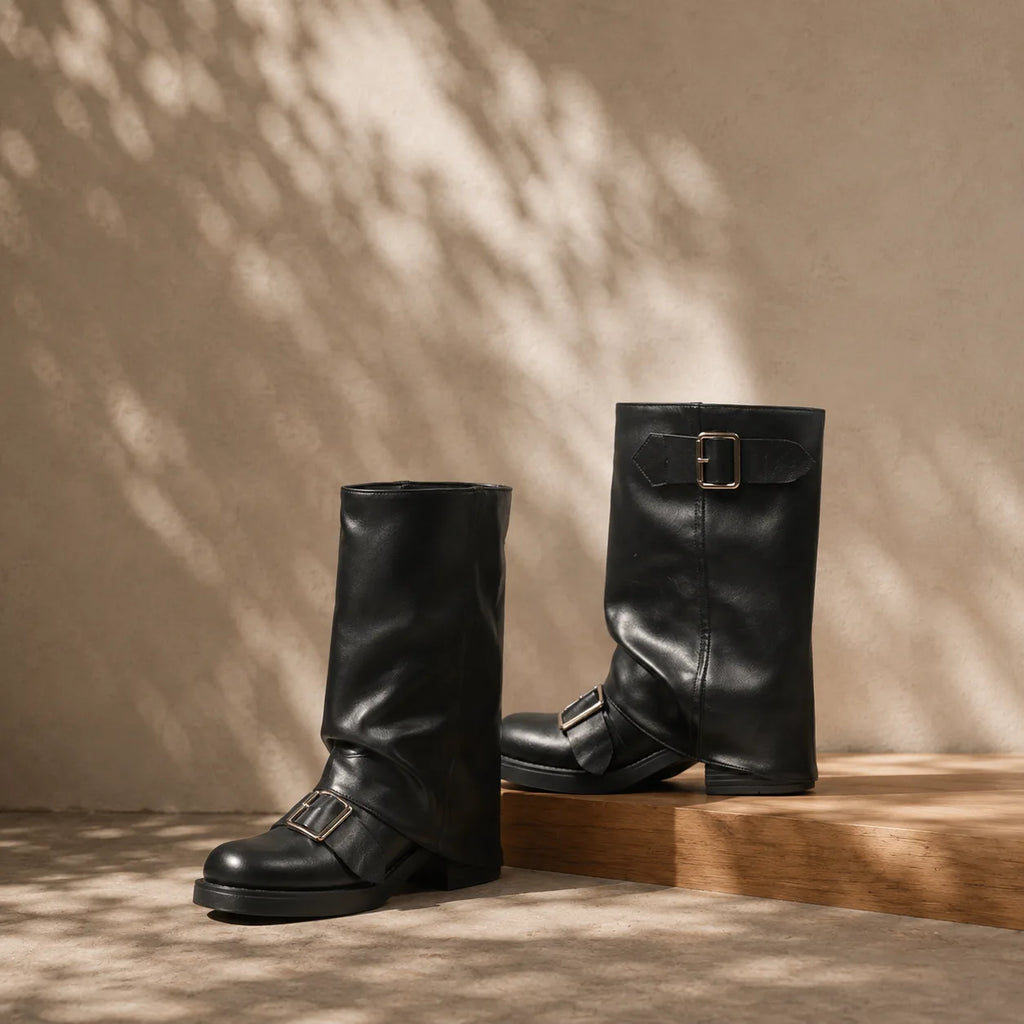 Deep Black Naousa Buckle Block-Heel Boots styled scene