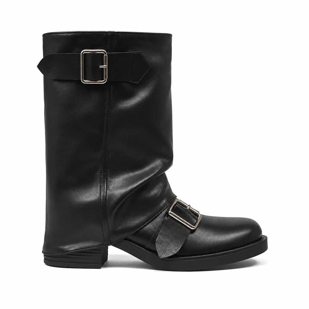 Deep Black Naousa Buckle Block-Heel Boots side view