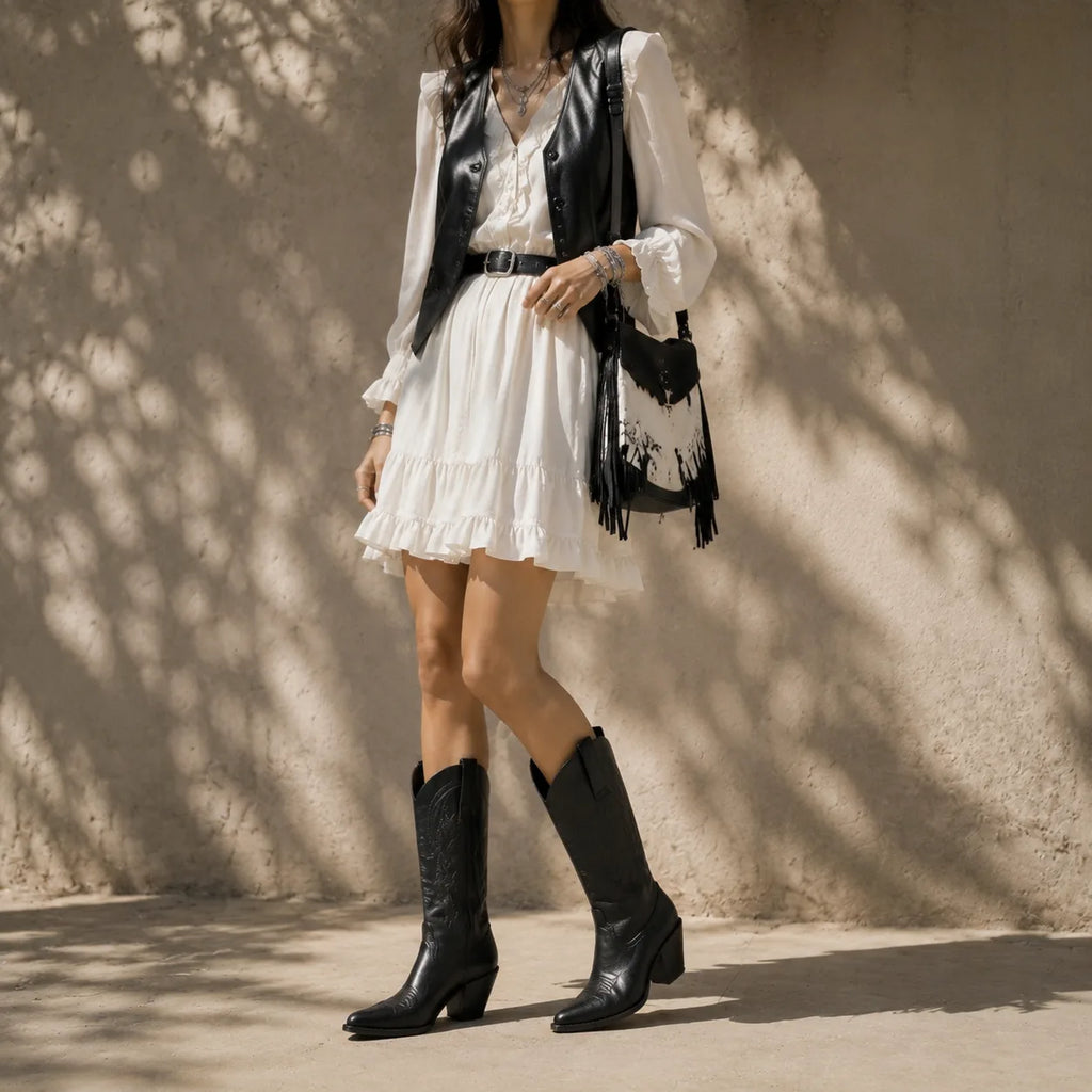 Deep Black Kavala Leather Knee-High Boots lifestyle scene
