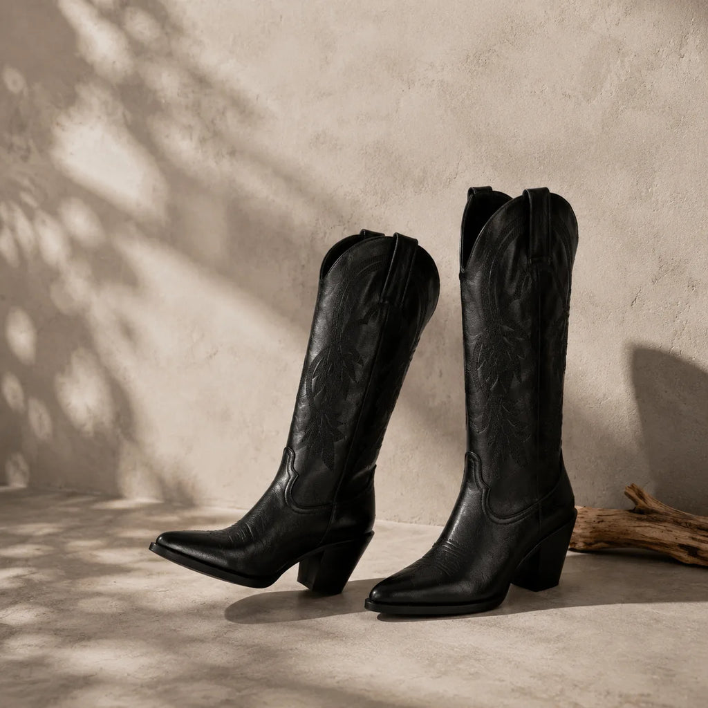 Deep Black Kavala Leather Knee-High Boots styled scene