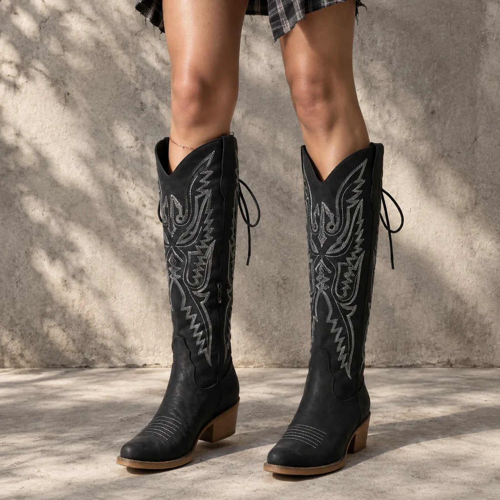 Deep Black Caorle Sheepskin Knee-High Boots on-foot view