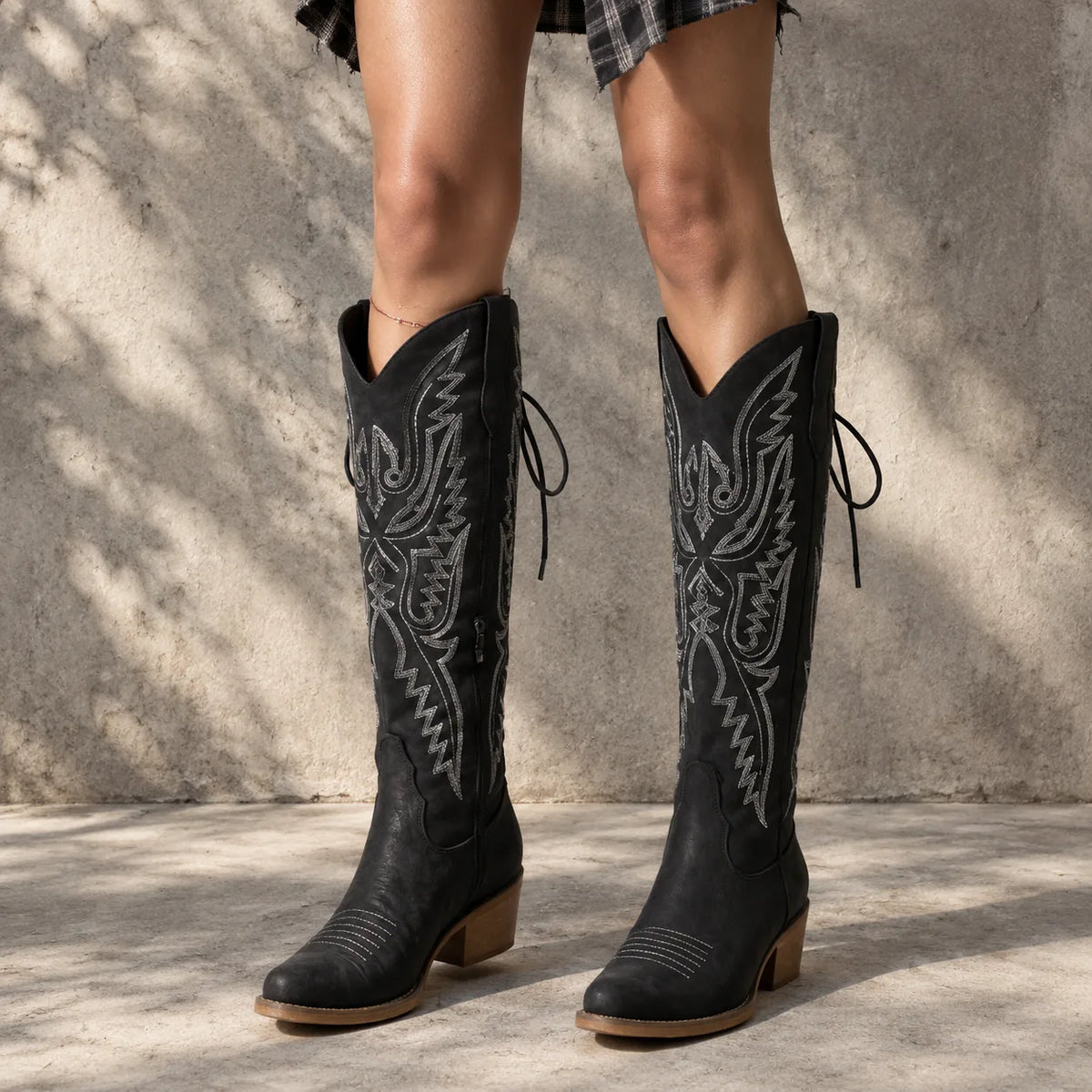 Deep Black Caorle Sheepskin Knee-High Boots on-foot view