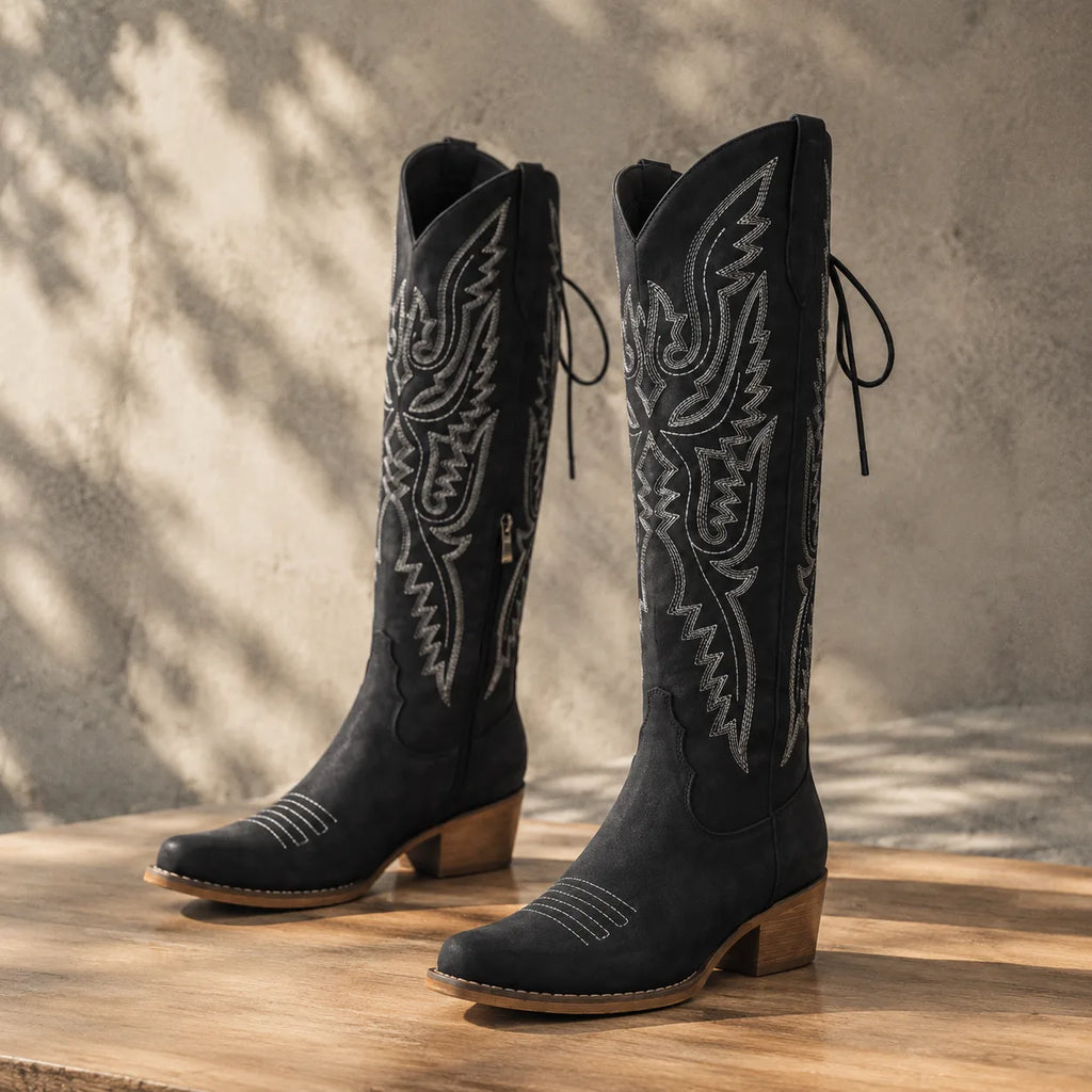 Deep Black Caorle Sheepskin Knee-High Boots styled scene