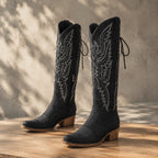 Deep Black Caorle Sheepskin Knee-High Boots styled scene